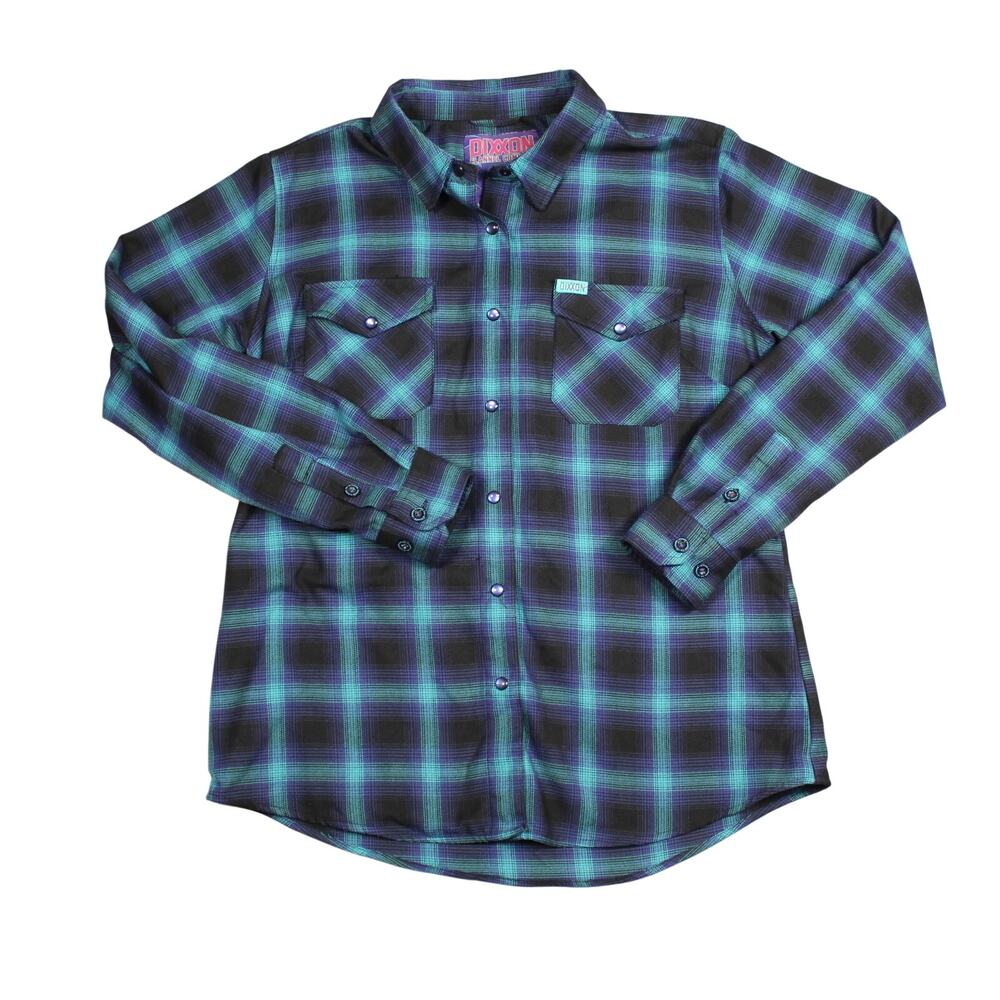 Dixxon Borealis Flannel Shirt Mens Large Blue Green Plaid Pearl Snap Western